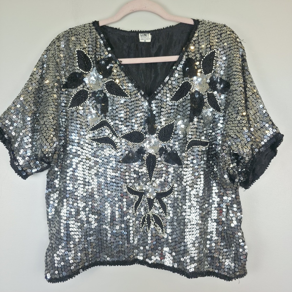 Vintage Gunit Silk Blouse Medium Great Gatsby Beaded Sequins Silver.C57
